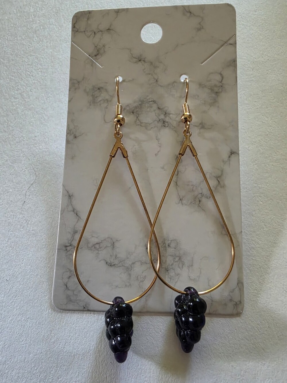 Gold Teardrop Earrings with Grape Bead Accent